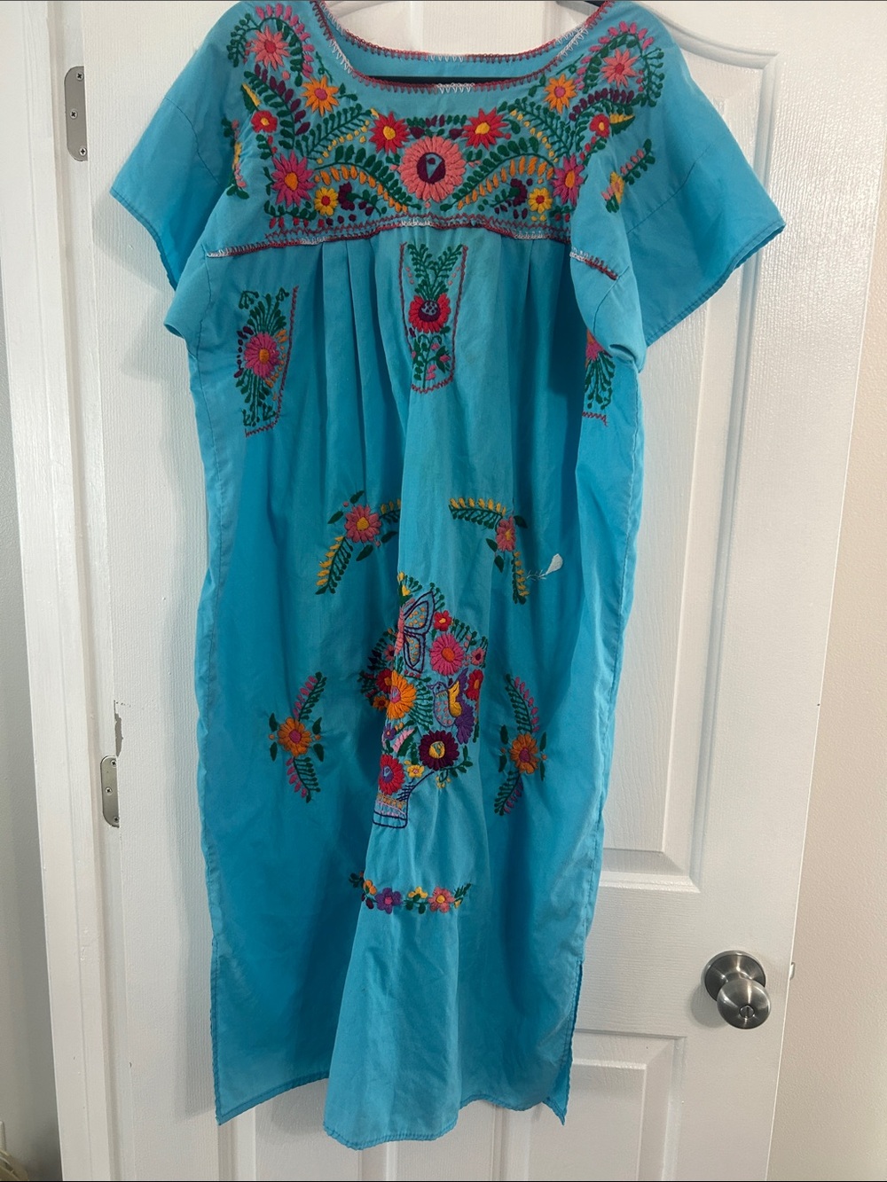 Handmade embroidered floral blue Mexican Puebla Peasant Dress One size